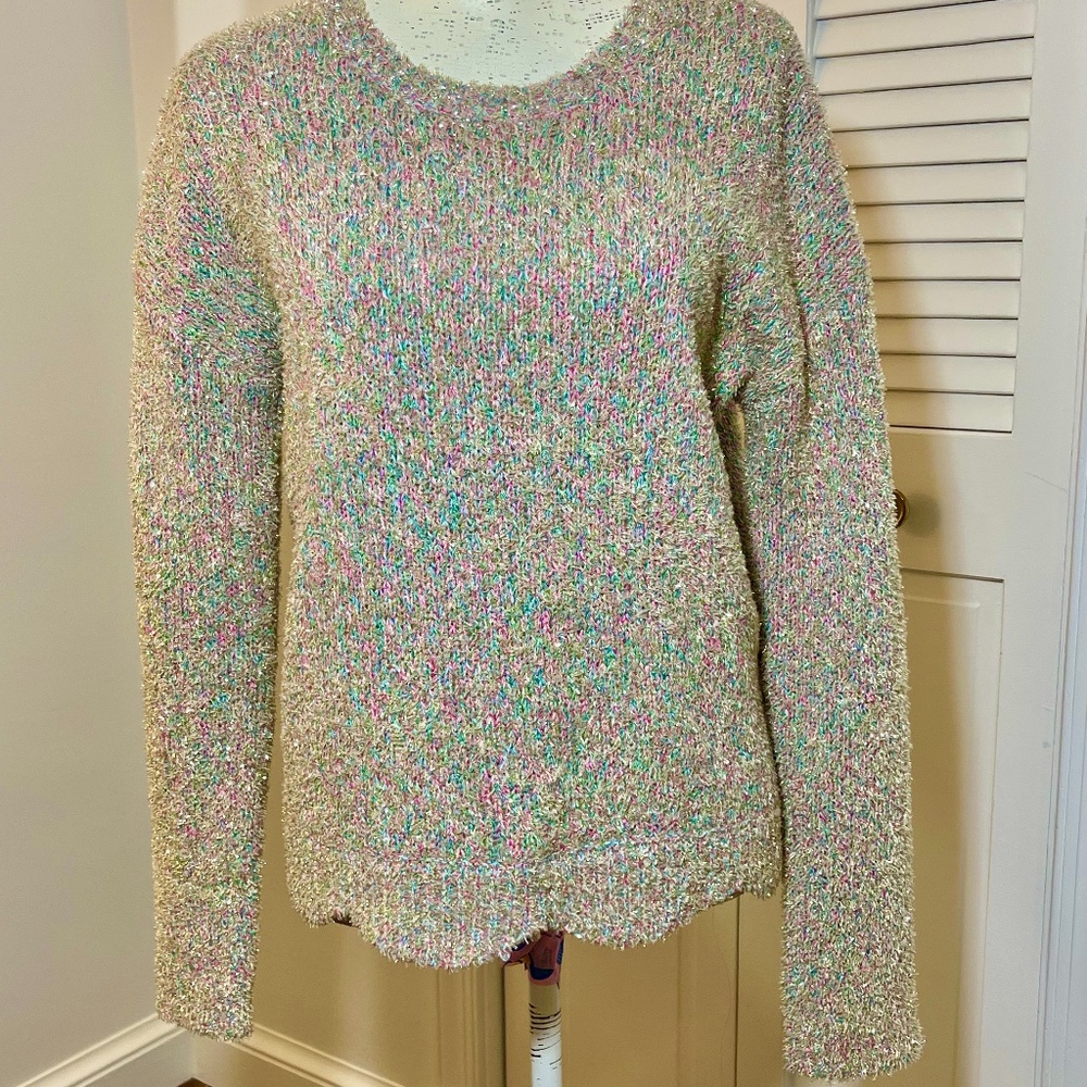 Lilly Pulitzer Metallic Confetti Knit Sweater Scalloped Hem Colorful Top US S